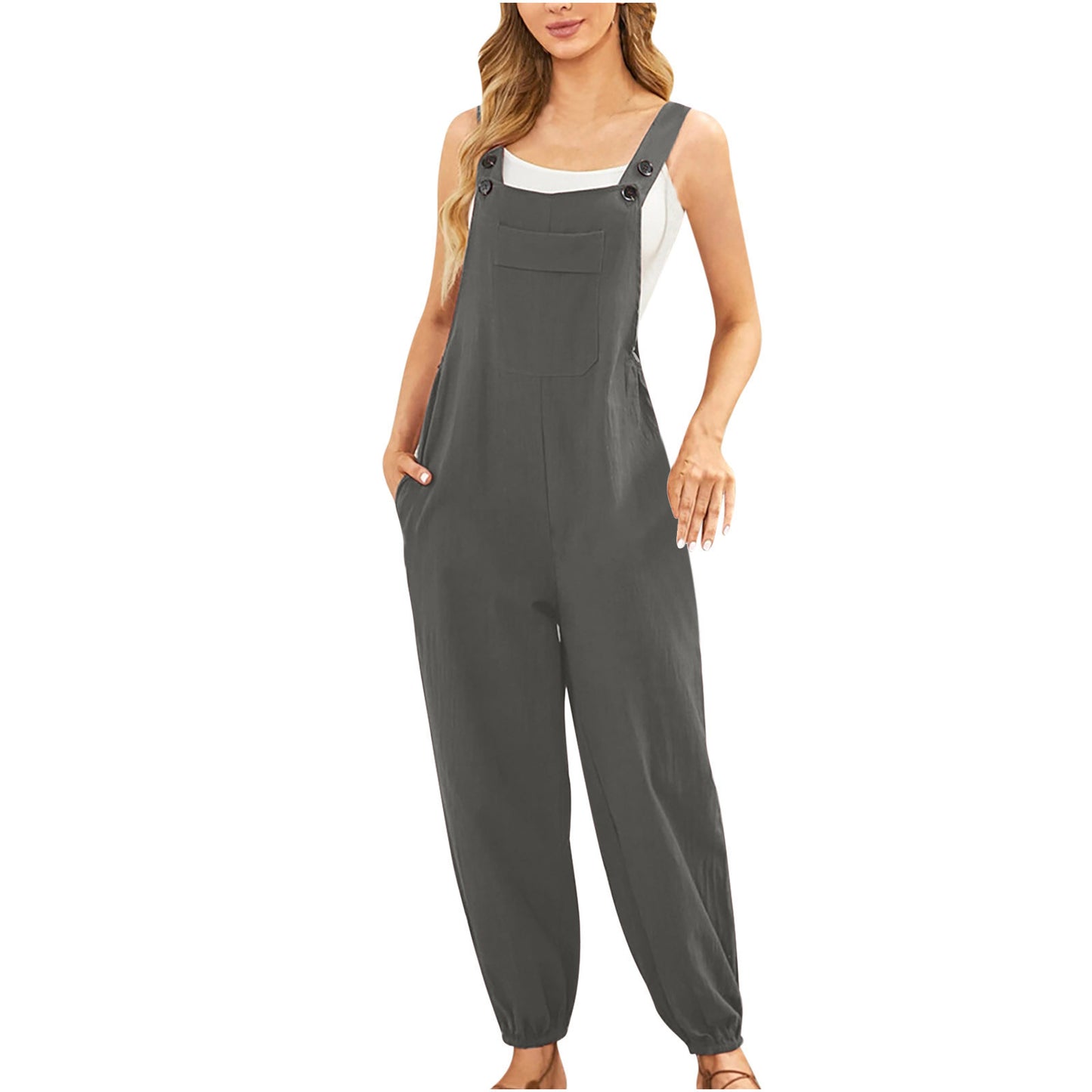 Lässiger, enger Jumpsuit aus Baumwollleinen mit Hosenträgertasche für Damen