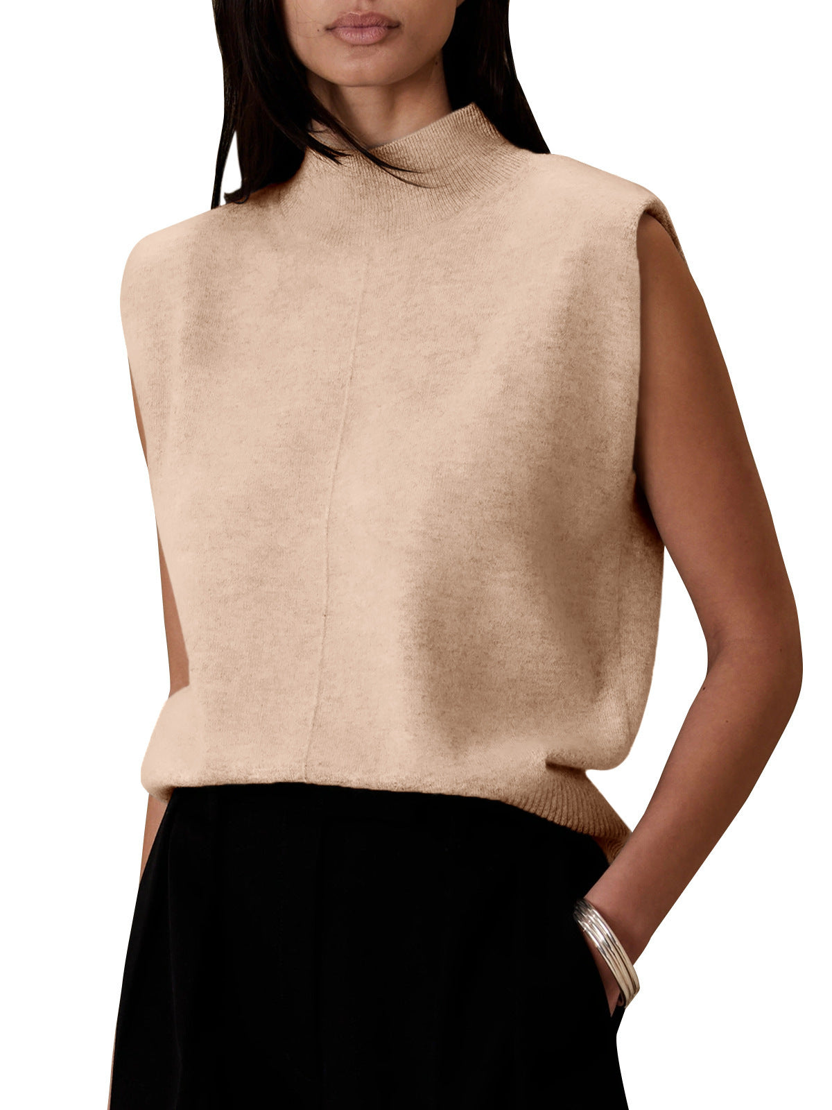 Women's Pure Color Half Collar Sleeveless Fashion Simple Sweaters