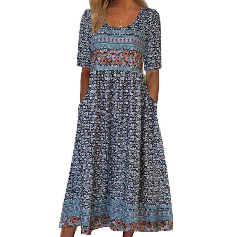 Women's Summer Printed Sleeve Round Neck Mid-length Dresses