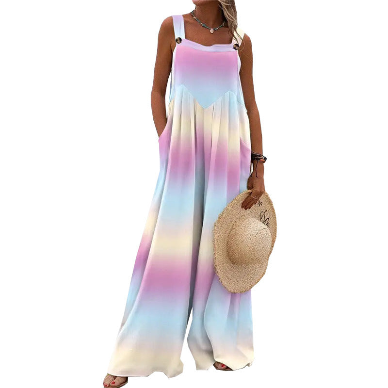 Women's Summer Printed Sleeveless Loose Casual Sling Wide Jumpsuits