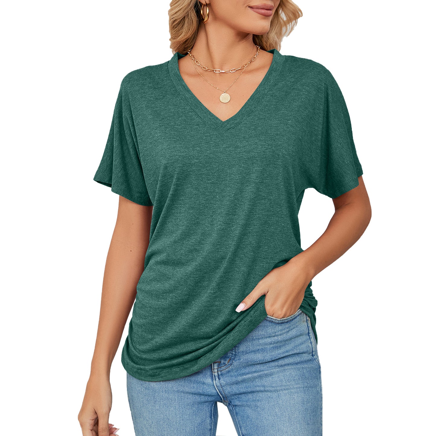 Women's Summer Leisure Pullover V-neck Solid Color Blouses