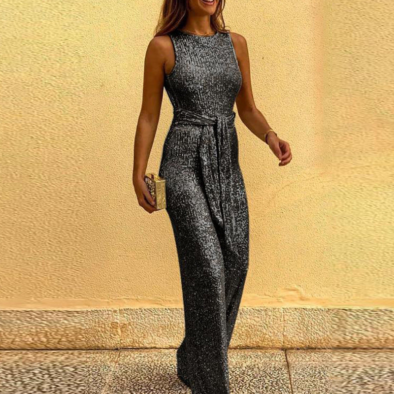 Ärmelloser, personalisierter Jumpsuit mit Pailletten und Rundhalsausschnitt für den Sommer für Damen