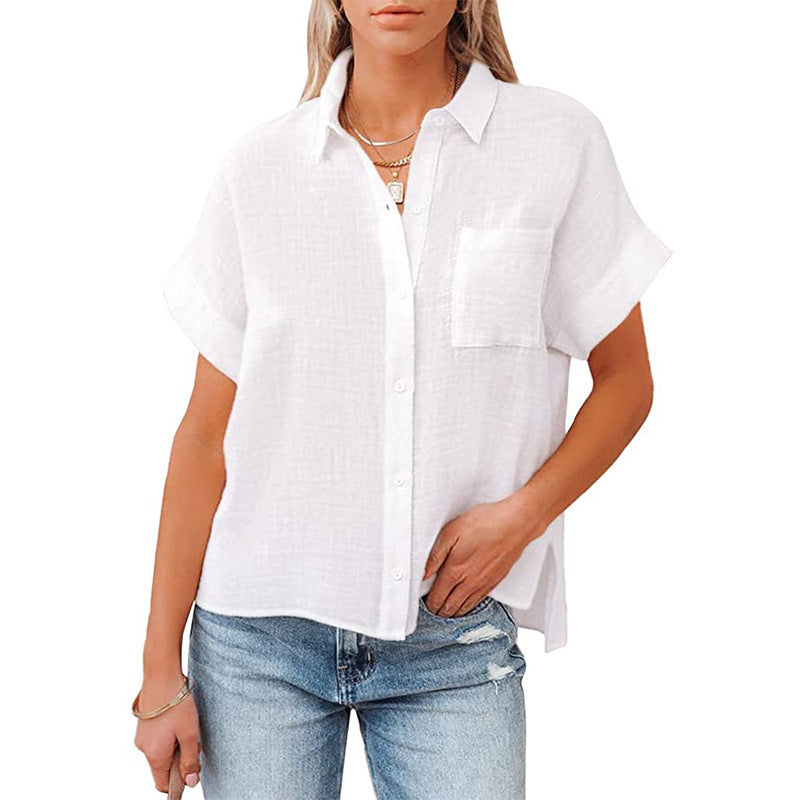 Women's Loose Cotton And Linen Lapel Curling Sleeve Blouses