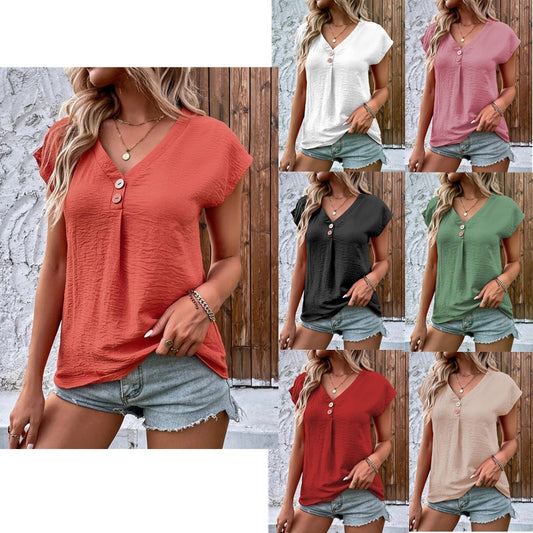 Women's Summer V-neck Buttons Batwing Sleeve Loose Blouses