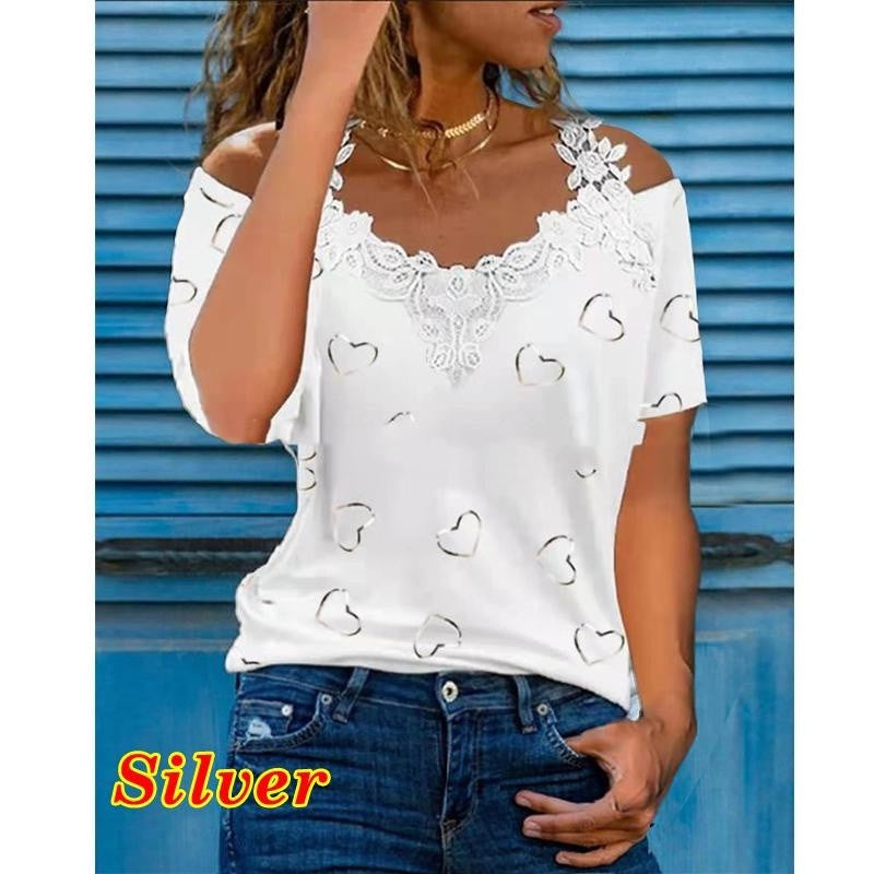 Women's Summer Lace Short-sleeved Casual T-shirt Blouses