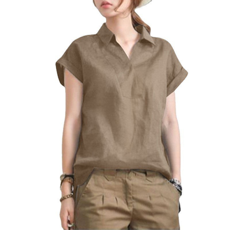 Women's Long Back Lapel Shirt Summer Linen Leisure Sleeve Shorts