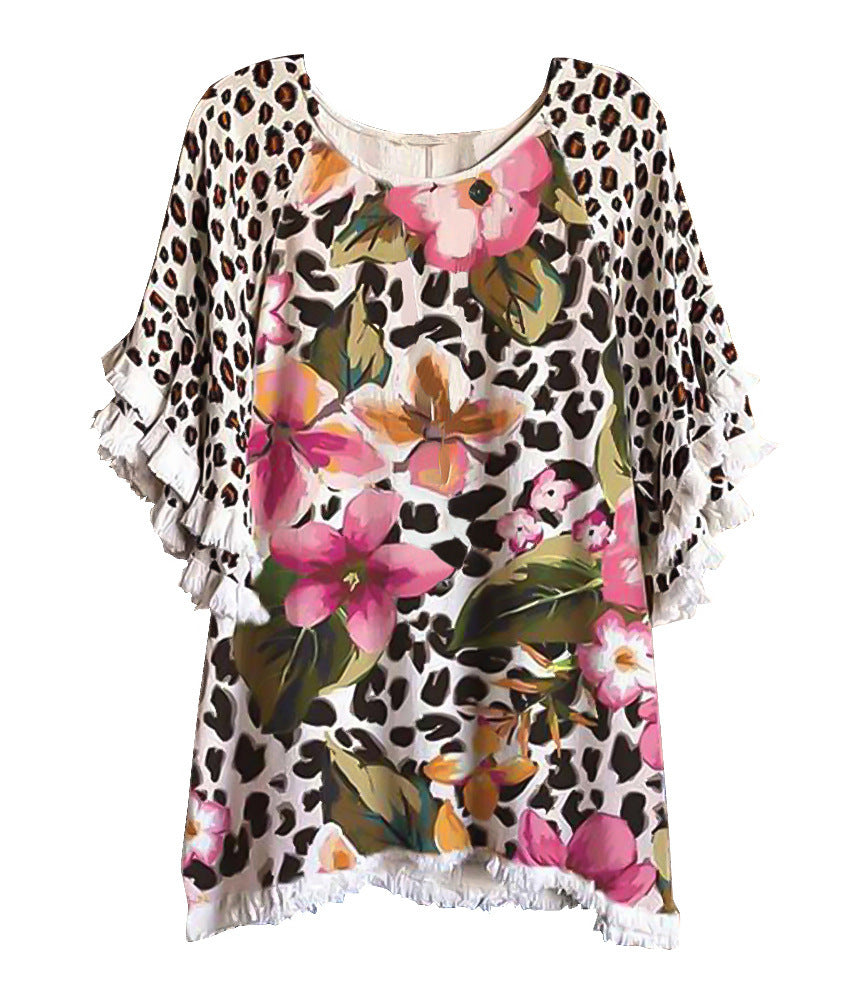 Women's Floral Ruffle Sleeve Round Neck Multicolor Blouses