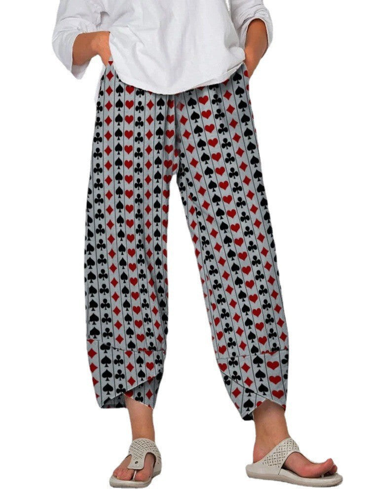 Women's Waist Gray Printed Stitching Loose Cropped Pants