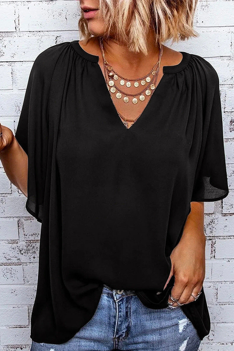 Women's Loose Half Sleeve T-shirt V-neck Pullover Solid Blouses