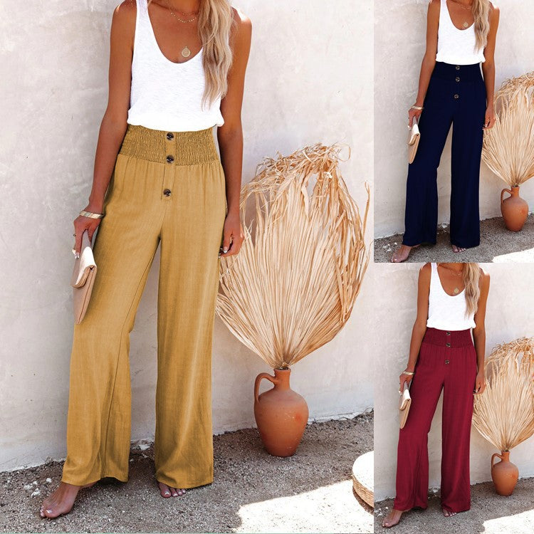 Pantalon ample à jambes larges en coton et lin pour femme