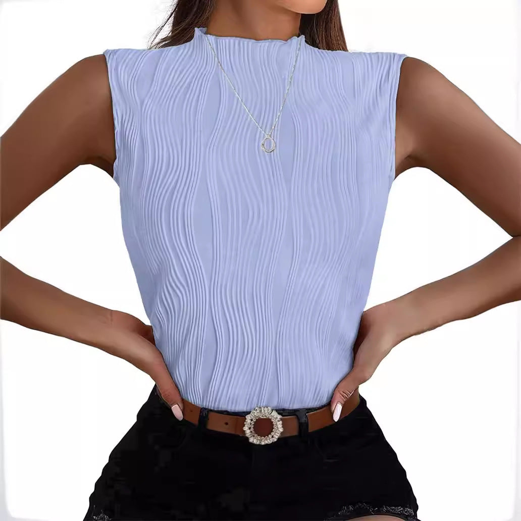 Pure Color Half Collar Slim Sleeveless Blouses