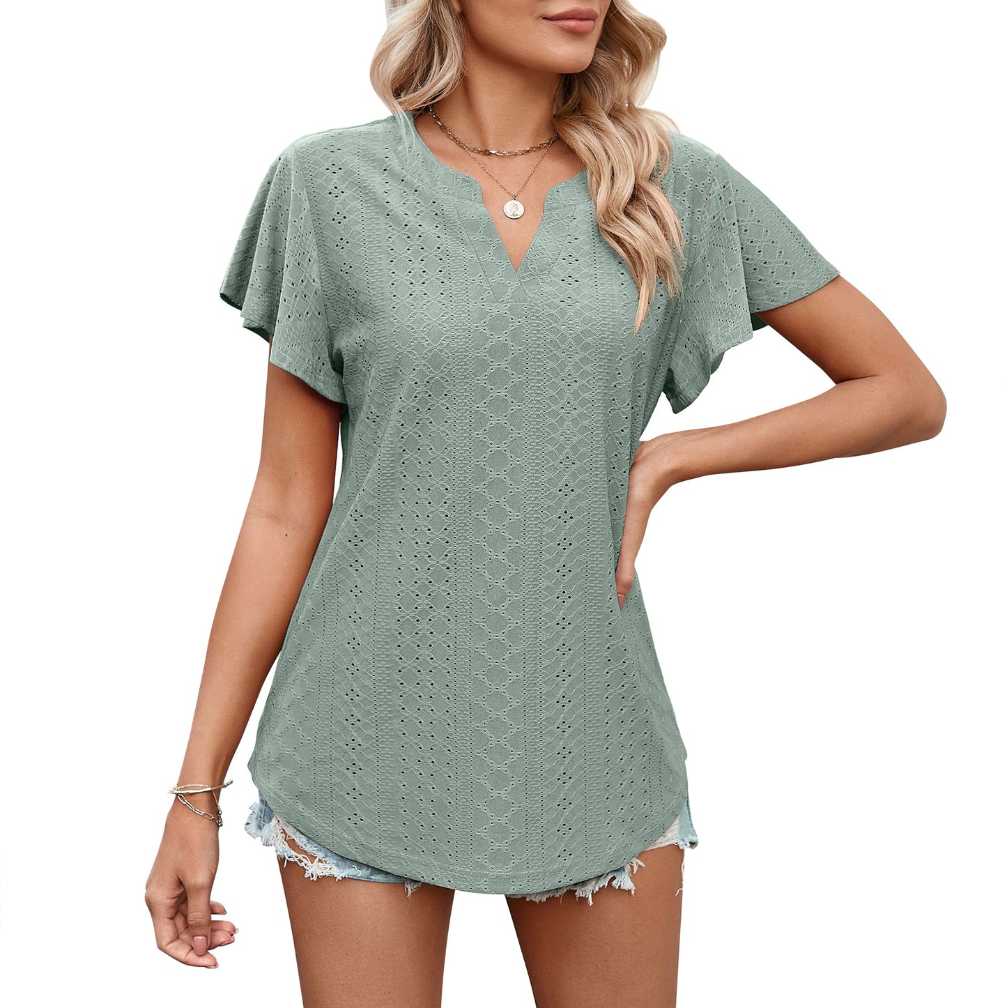 Women's Summer Ladies Solid Color Hollow Out Blouses