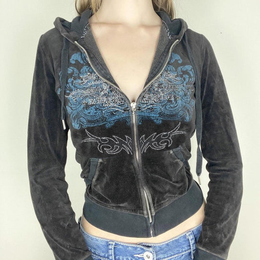 Women's Creative Printed Rhinestones Zip Hoodie Sweaters