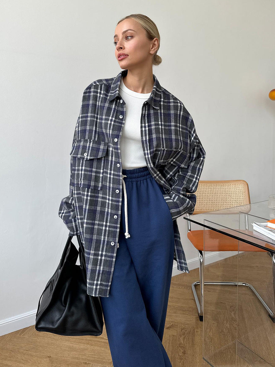 Chemise à carreaux pour femmes, chemisiers doubles rétro américains, printemps