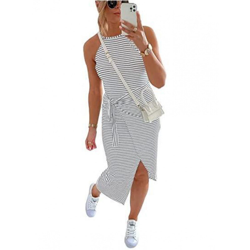 Summer Striped Sleeveless Halter Sexy Dress Dresses