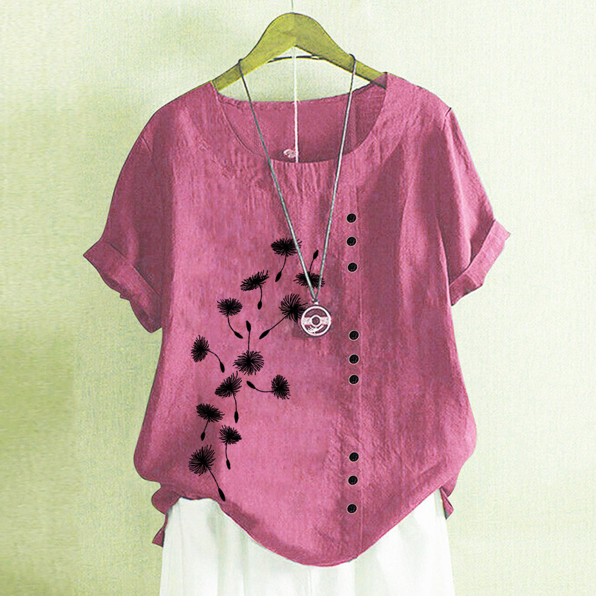 Sleeve With Buttons Round Neck Print Blouses