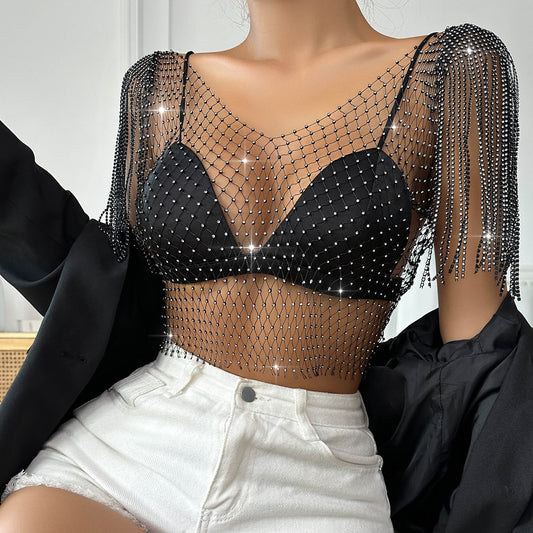 Women's Rhinestone Sexy Fishnet Summer Net Drill Blouses