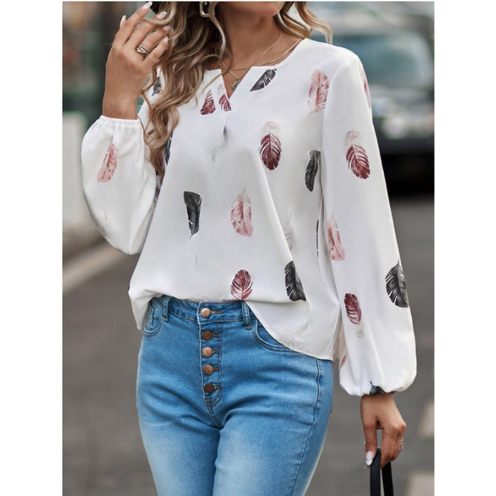 Women's V-neck Feather Print Long-sleeved Loose Blouses