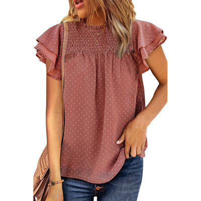 Women's Summer Solid Color Chiffon Loose Round Neck Pullover Sleeve Blouses