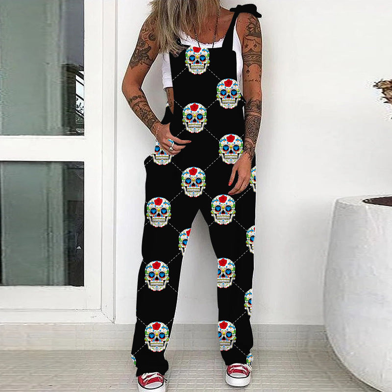 Damen Hosenträgerhose mit Schnürung und Totenkopf-Print