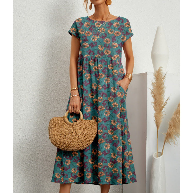 Women's Linen Sleeveless Round Neck Printed Summer Dresses