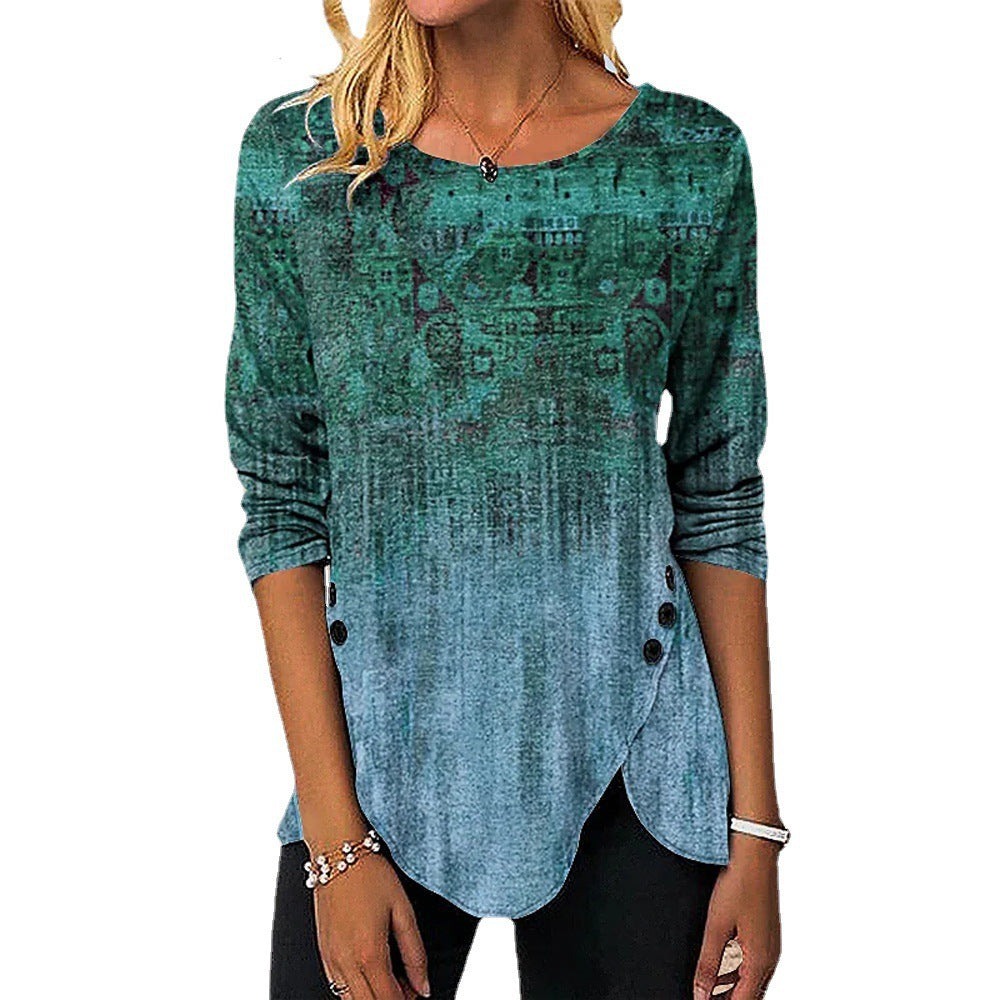 Women's Fashion Retro Button Gradient Printing Long-sleeved Blouses