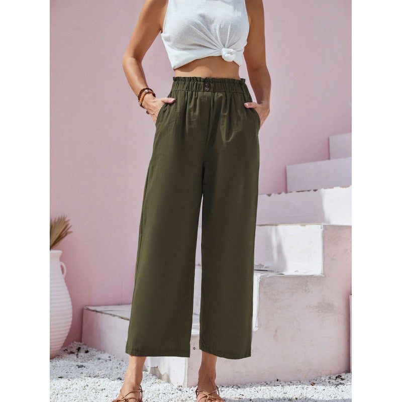 Pantalon taille haute en coton élastique feuille de lotus pour femme