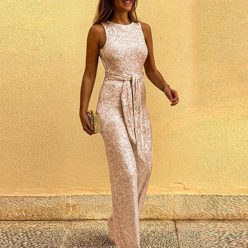 Women's Summer Round Neck Sleeveless Personalized Sequined Jumpsuits