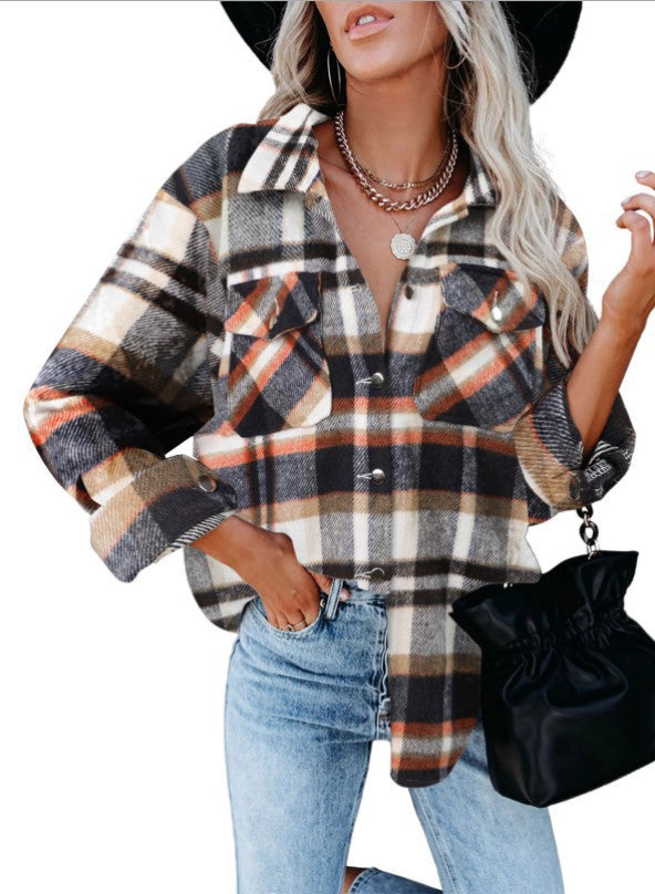 Women's Woolen Shirt Long Sleeve Plaid Blouses