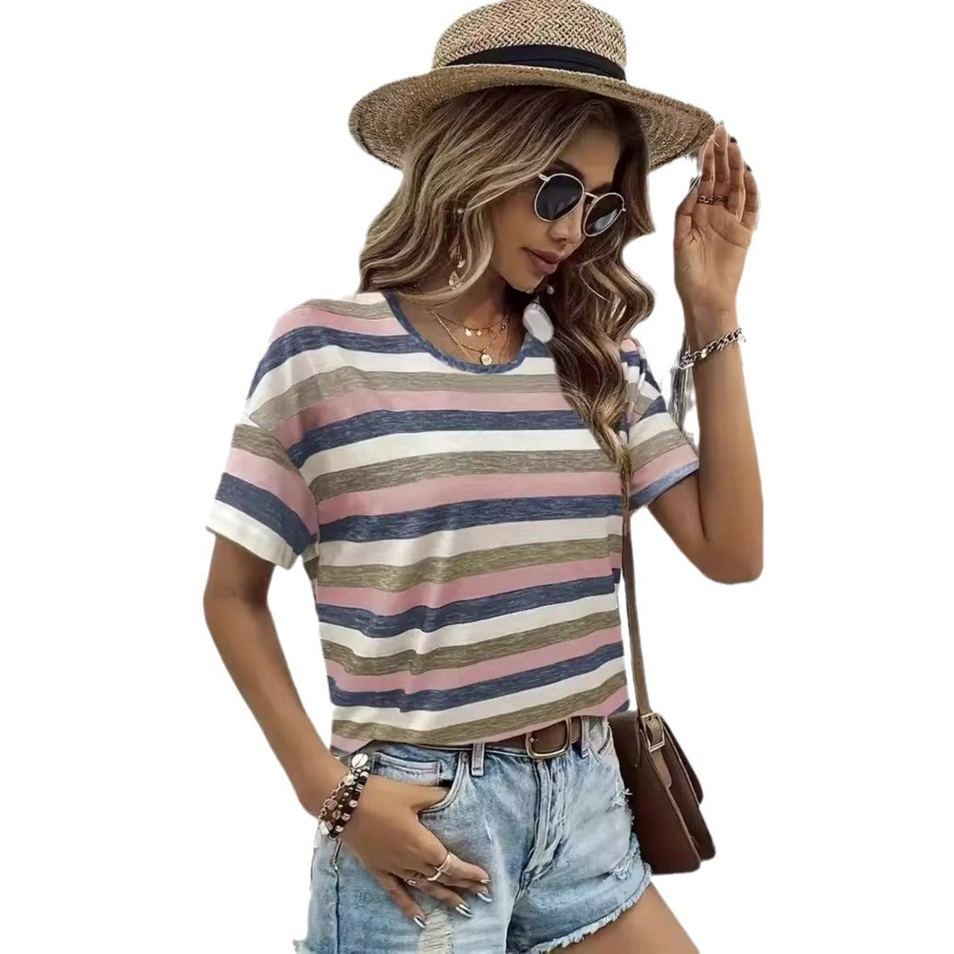 Women's European Striped Fashion Round Neck Sleeves Blouses