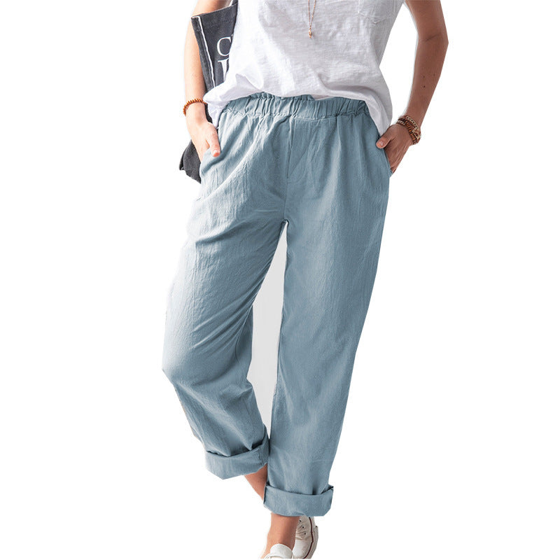 Women's Linen Trousers Solid Color Elastic High Pants