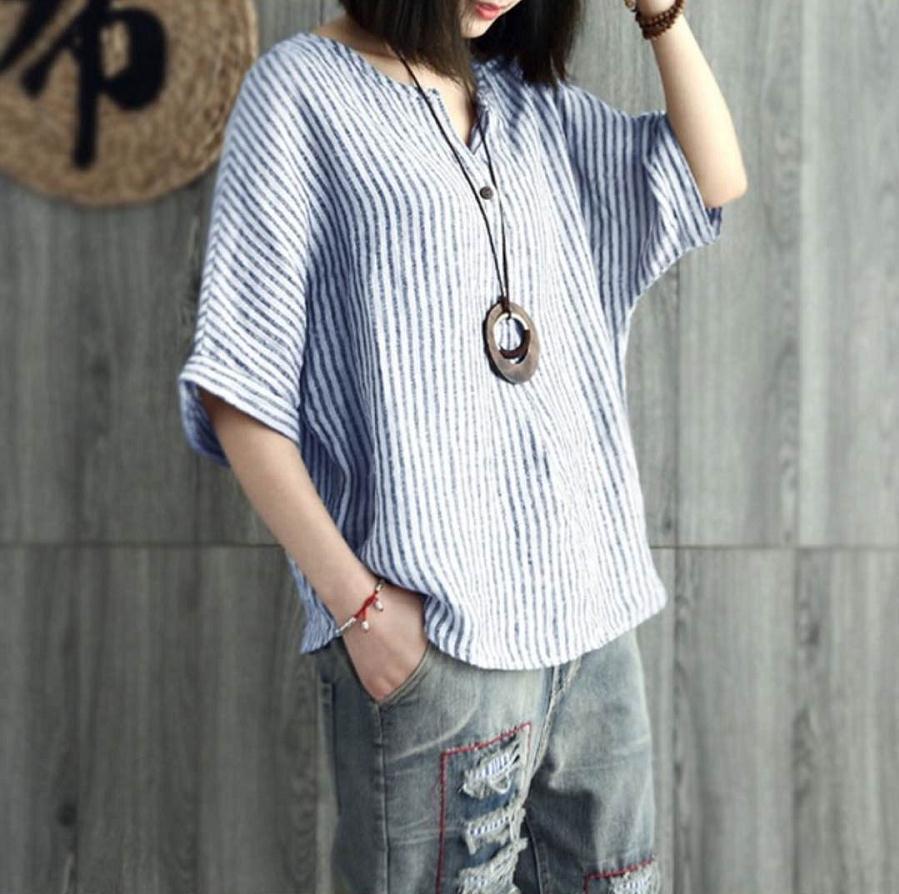 Women's Batwing Sleeve T-shirt Striped Cotton Leisure Blouses