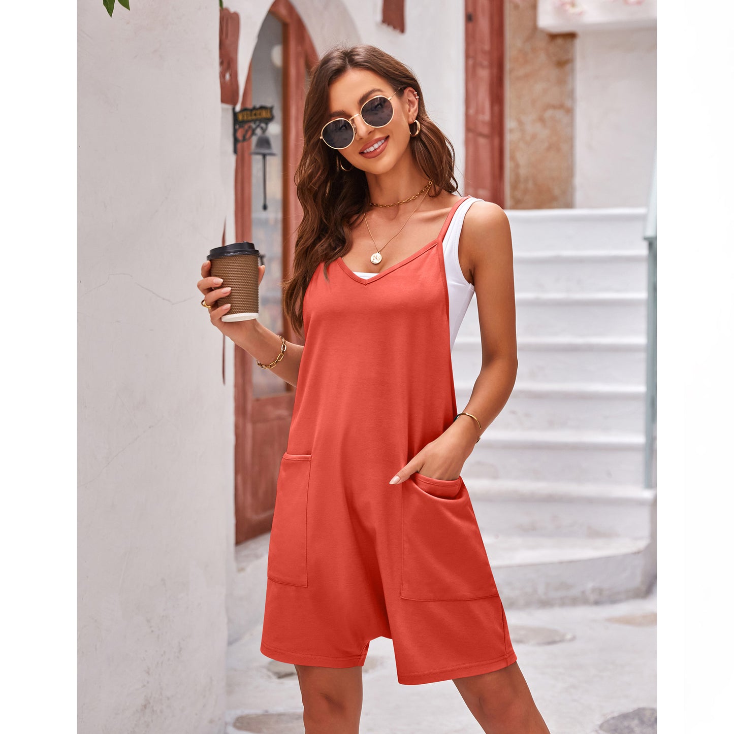 Women's Summer Casual Pocket Spaghetti Straps Knitted Jumpsuits