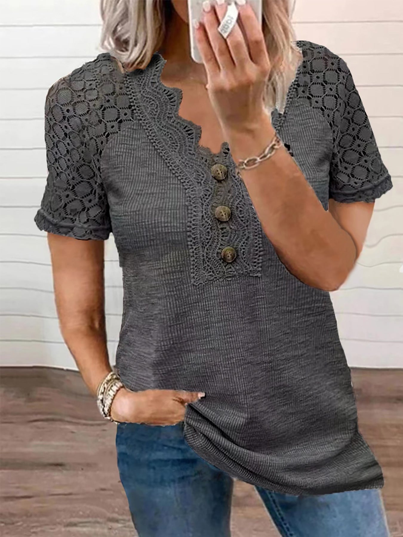 Women's Glamorous Buttons Hollow Lace T-shirt Blouses