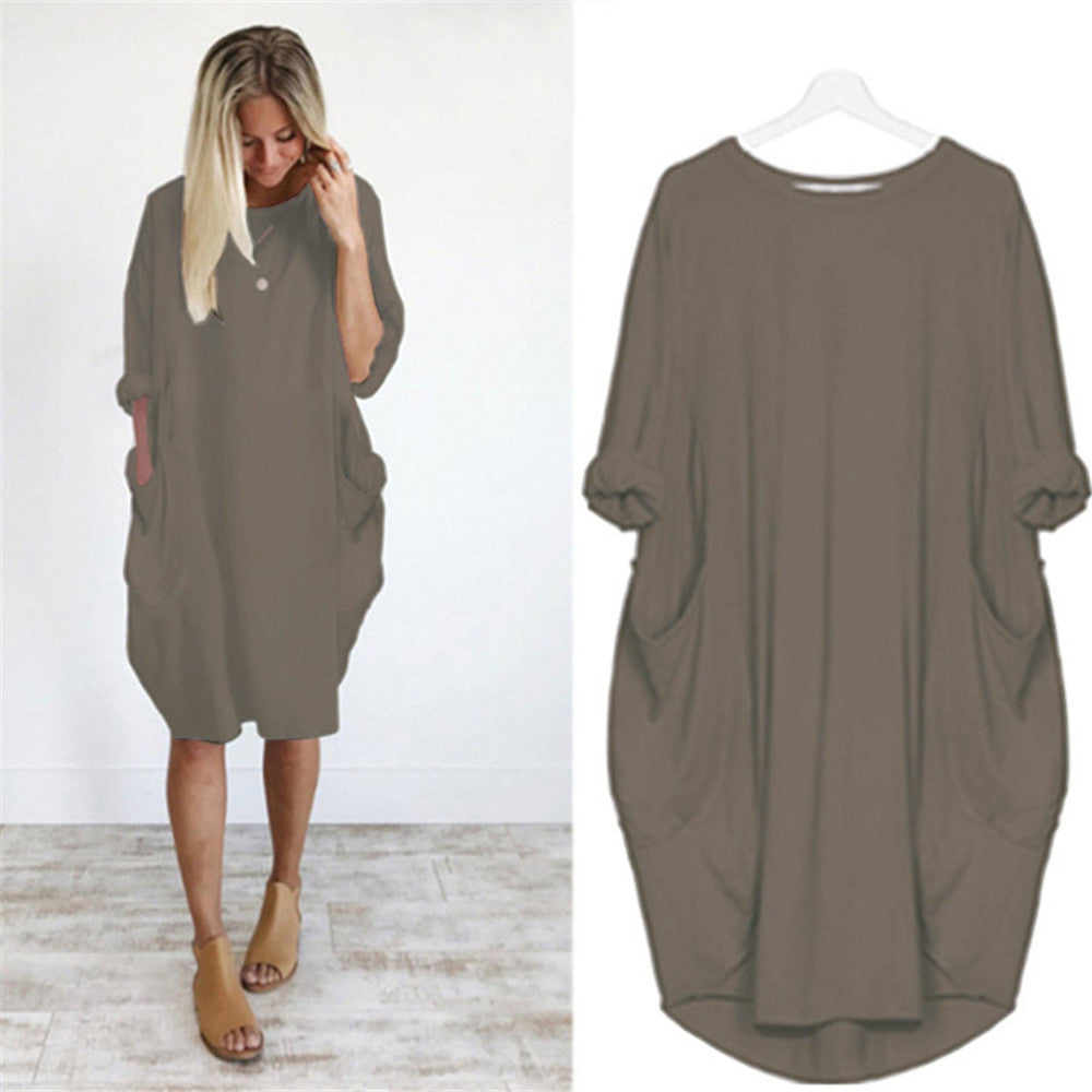 Women's Casual Loose Pockets Long Sleeve Full-figured Dresses