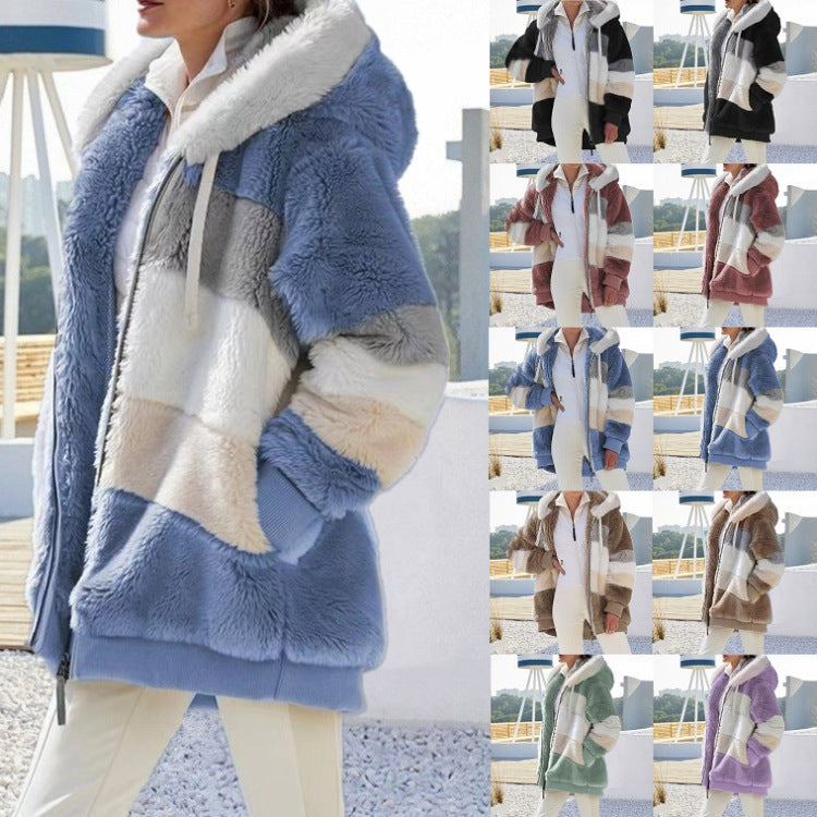 Women's Warm Plush Patchwork Zipper Pocket Hooded Sweaters