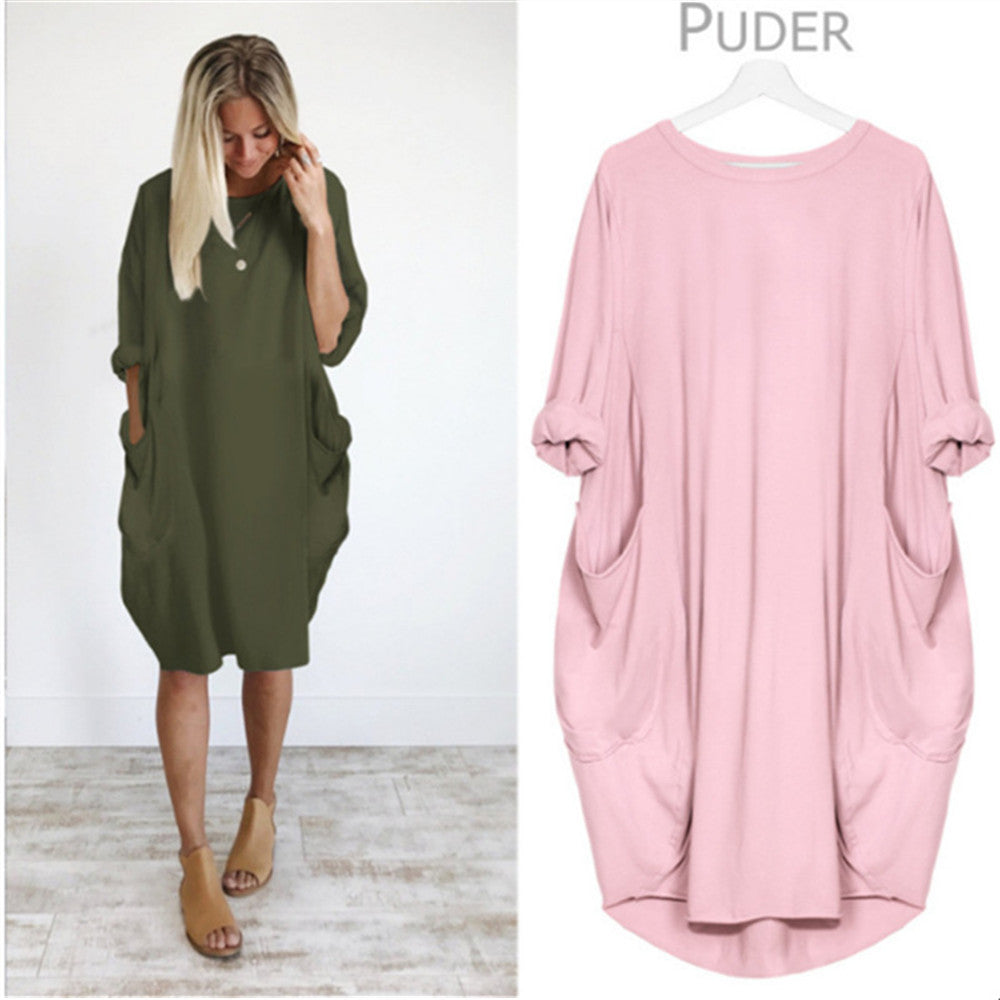 Women's Casual Loose Pockets Long Sleeve Full-figured Dresses