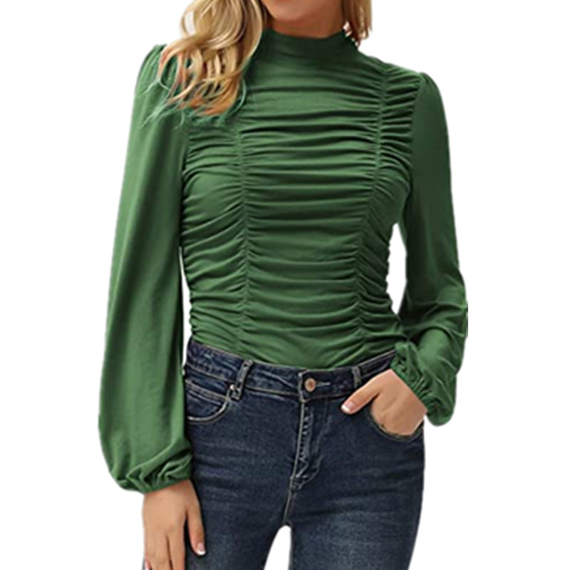 Women's Color Long Lantern Sleeve Turtleneck Pleated Slim Blouses