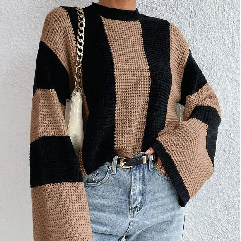 Women's Western Style Knitted Round Neck Striped Design Sweaters