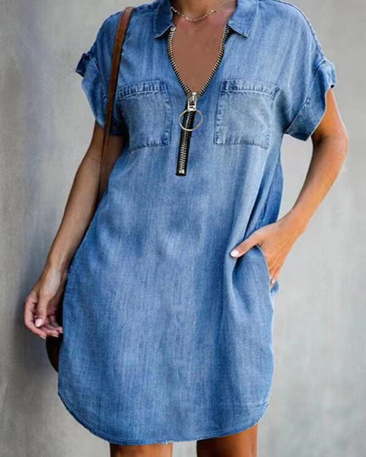 Lapel Sleeve Loose Dress Denim Shirt Dresses