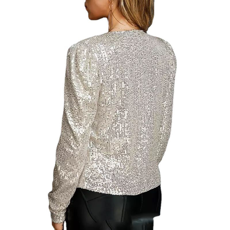 Women's Spring Fashion Collar Color Sequins Casual Coats