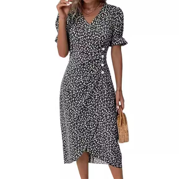 Women's Summer Printed Button Irregular Hem For Dresses