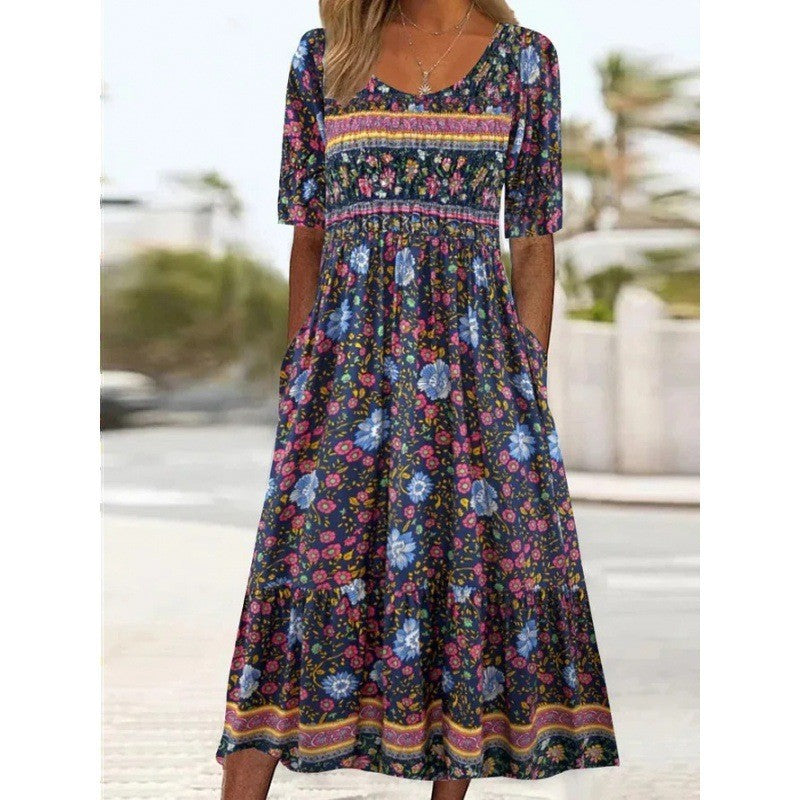 Women's Summer Printed Sleeve Round Neck Mid-length Dresses