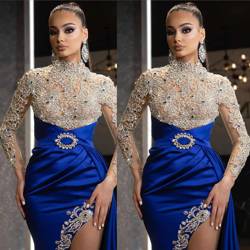 Damen Blau Gold Rundhals Kleid Sexy Kleider