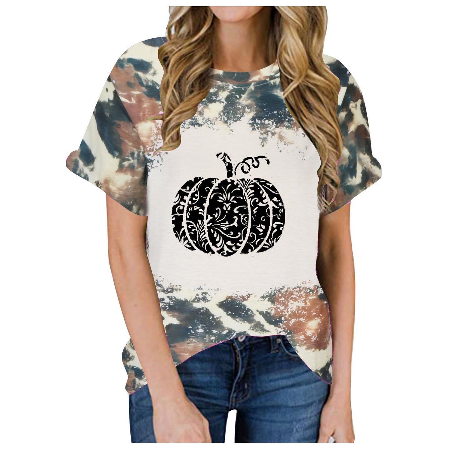 Kurzärmlige T-Shirt-Blusen mit Halloween-Kürbis-Aufdruck für Damen im Sommer