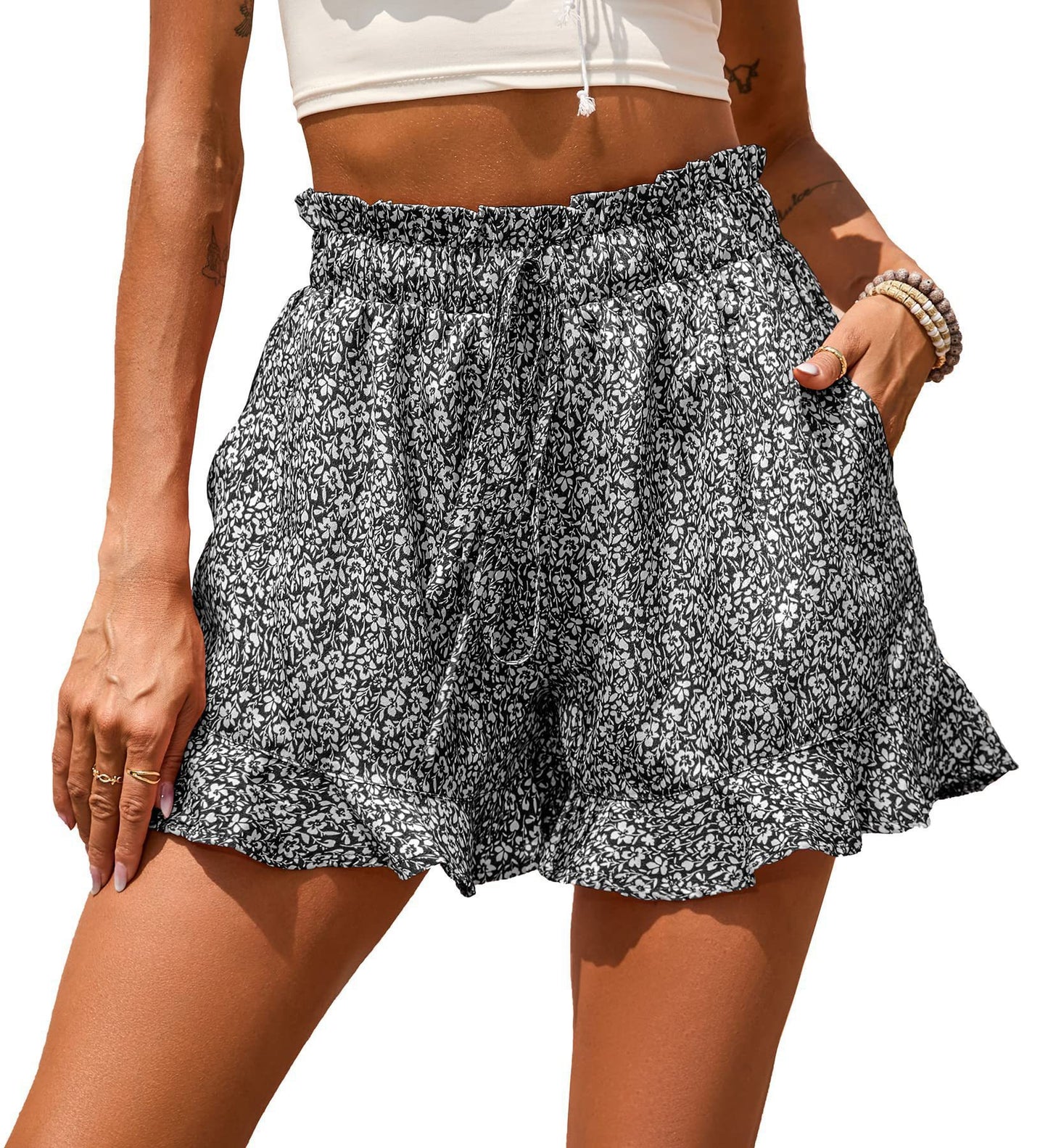 Damen Sommer Chiffon Casual Pocket Floral Shorts