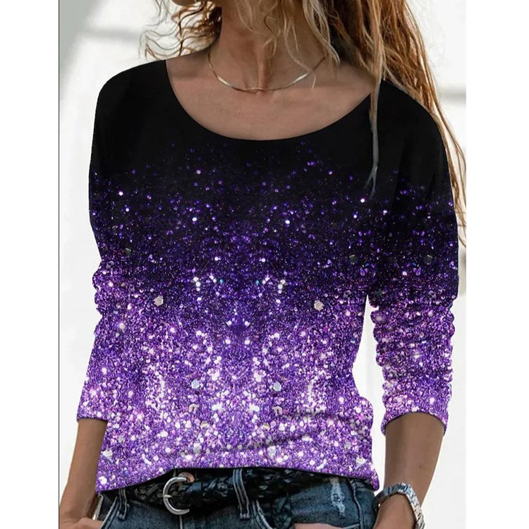 Women's Long Sleeve Loose Neck Casual Pullover Print Blouses