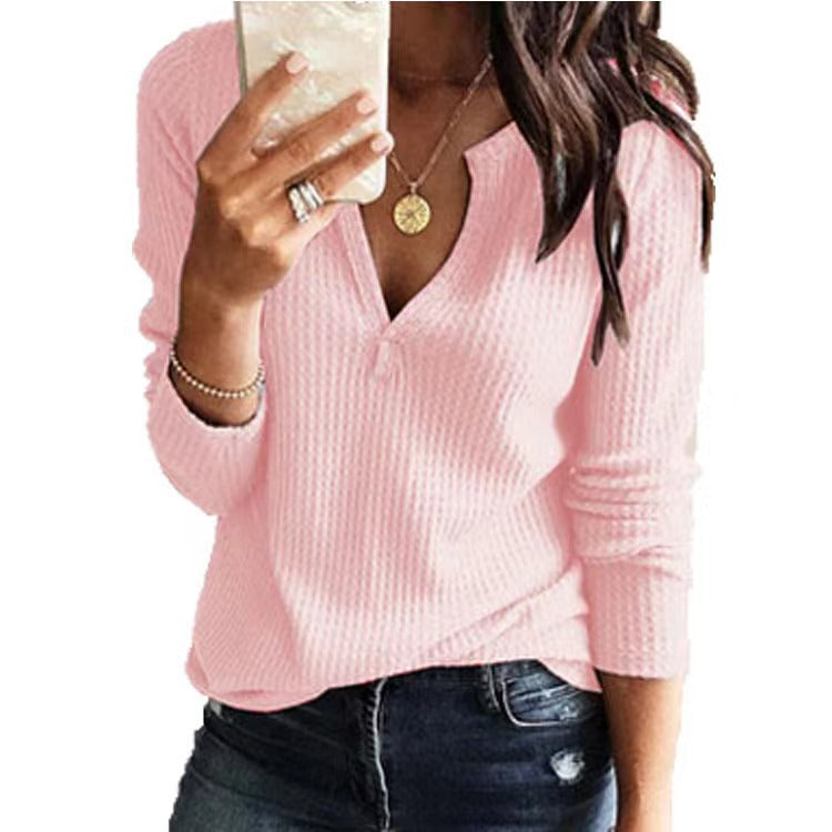 Long Sleeve Waffle Grid Solid Color Blouses