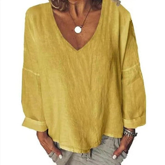 Women's Cotton Linen Solid Color Long-sleeved T-shirt Blouses