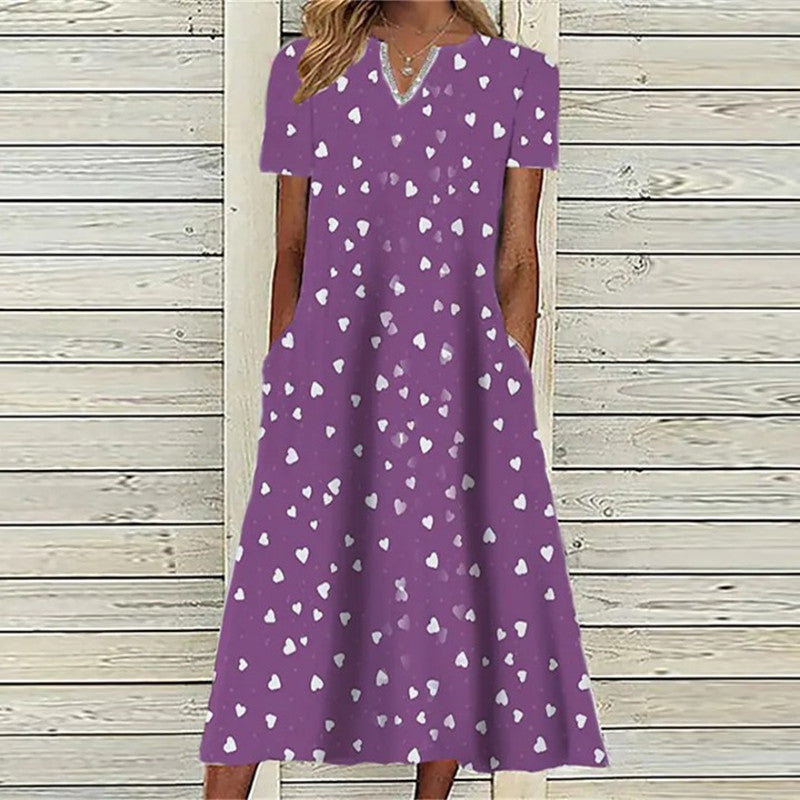 Robe trapèze mi-longue à manches imprimées pour femmes